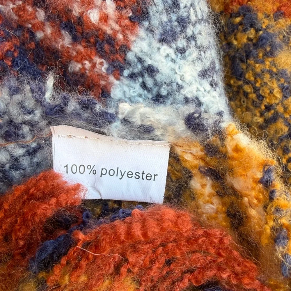 Plaid Fringe Shawl/Blanket scarf in earth tone rust, navy and gold